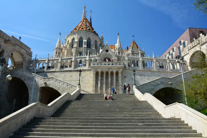White turrets and stairways of Fisherman’s Bastion above the Danube